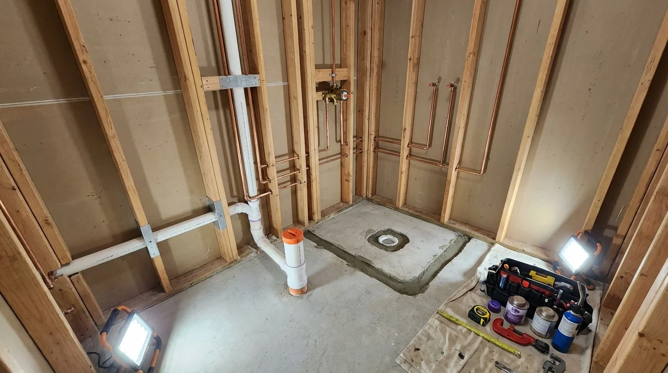 Bathroom rough-in plumbing during remodel by Johns Plumbing LLC in Pearl River