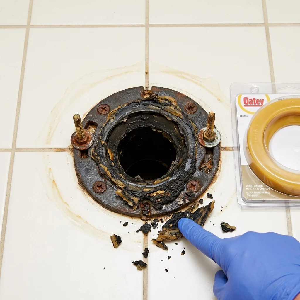 Failed wax ring showing water seepage at the base of a toilet in a Pearl River, LA home