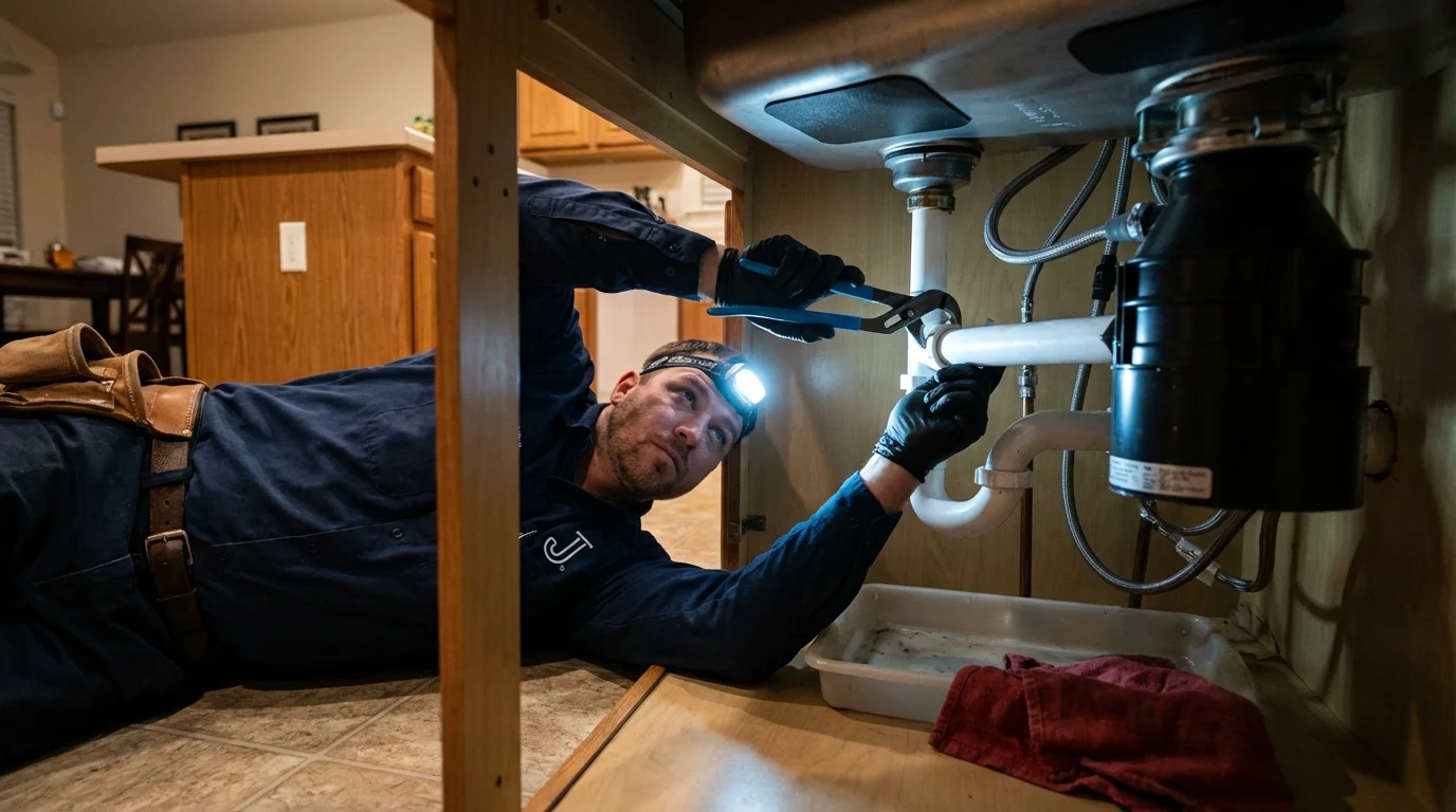 P-trap and supply line connections under a kitchen sink showing a common leak point in Pearl River, LA